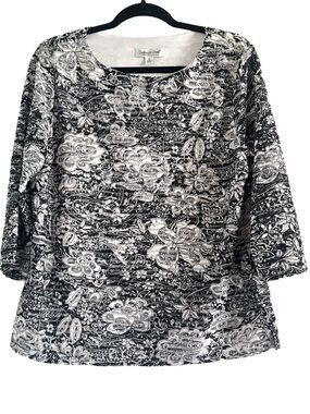 🌻 Coldwater Creek Black and White Floral Scoop-Neck Tunic XL